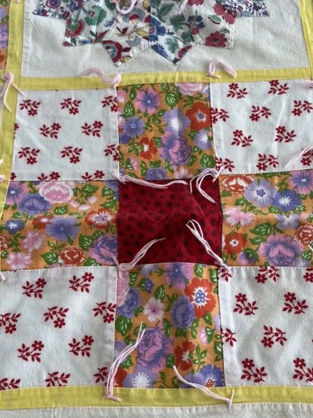 Feedsack Floral Patch Patchwork Quilt Throw Handmade Red Blue Vintage 50s 60s